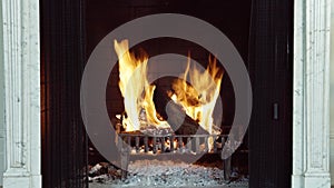 metal grill in a stone marble fireplace, logs in the fire crackle