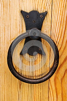 Metal handle on wooden door