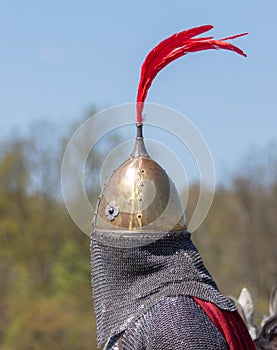 Metal helmet of a medieval knight.