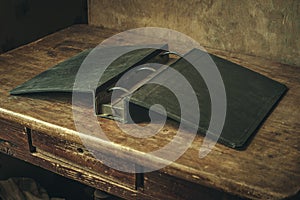 Metal helmet of the Russian army on a wooden table