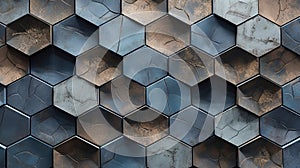 Metal hexagon background. Metallic hexagonal mosaic wall. Created with generative Ai