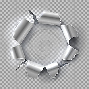 Metal hole. Exploding steel with torn, ripped edges isolated on transparent background. Vector grunge background
