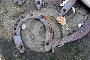 Metal horseshoe on a wooden surface