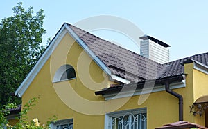 Metal house roof with guttering andsnow board protection