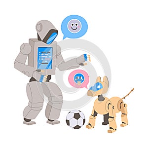 Metal Humanoid and Dog Robot Machine with Limbs Playing Football Vector Illustration