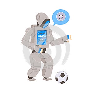 Metal Humanoid Robot Machine with Limbs Playing Football Vector Illustration