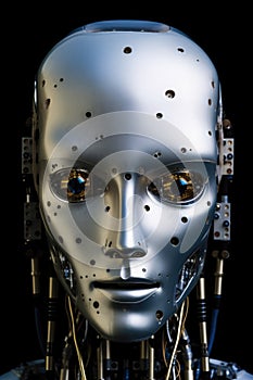 Metal humanoid robot's face. Generative AI