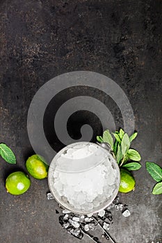 Metal ice bucket and mojito ingredients