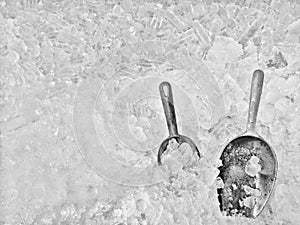 Metal ice scoop in ice bucket