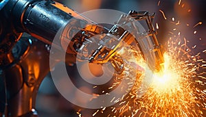 Metal industry working with machinery, manufacturing equipment, and robotic arms generated by AI
