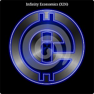 Metal Infinity Economics XIN coin witn blue neon glow.