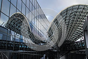 Metal interior of Kyoto station. Modern architecture of Japan.