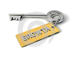 Metal Key with Growth golden tag isolated on white. Key to Growth concept. 3d illustration