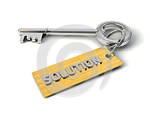 Metal Key with Solution golden tag isolated on white. Key to Solution concept. 3d illustration