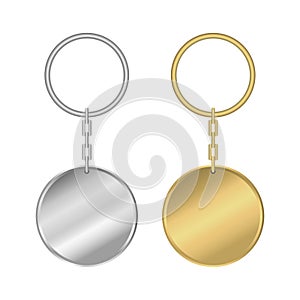 Metal keychain. Set of realistic golden and silver round shape keyring. Vector.