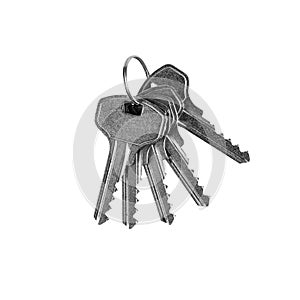 Metal keys on ring. Pair of nickel door keys isolated on white background, top view