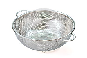 Metal kitchen utensils, Stainless steel colander on a white background