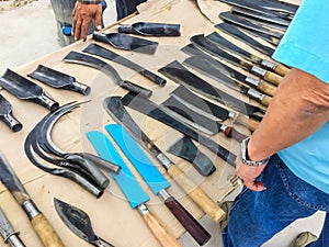 Metal knives various style multi use in agriculture and kitchen is steel handmade of the countryside in thailand