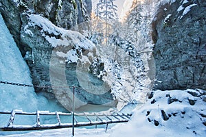 Metal ladder in Sucha Bela gorge in Slovak Paradise during winter