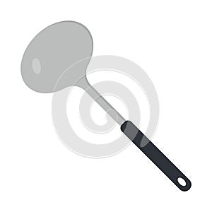 Metal ladle clipart vector illustration. Kitchen soup ladle with black plastic handle flat vector design. Soup ladle icon