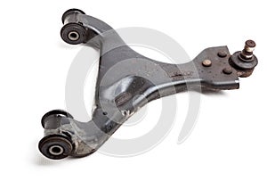 Metal lever undercarriage on a white isolated background in a photo studio of auto parts for replacement during repair or for a