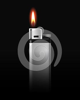 Metal Lighter with Flame on Black Background