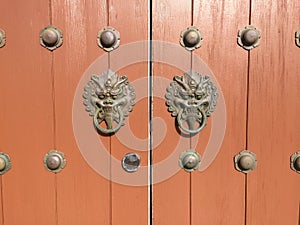 Metal Lion head Door knocker on redwood door background close up.16 Stancombe Road, Flat Bush, Manukau 2016, NZ. 