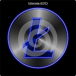 Metal Litecoin (LTC) coin witn blue neon glow. photo