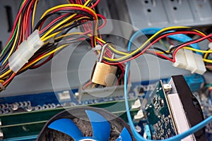 Metal lock on computer wires as data protection and cyber safety concept.