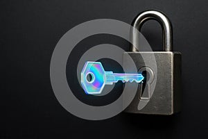 Metal lock and neon digital key. Space for text.