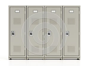 Metal locker storage cabinets for school, fitness club or gym isolated on white background. 3D illustration