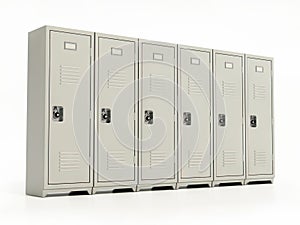 Metal locker storage cabinets for school, fitness club or gym isolated on white background. 3D illustration