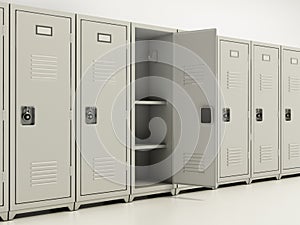 Metal locker storage cabinets for school, fitness club or gym isolated on white background. 3D illustration