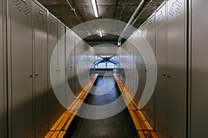 Metal lockers in the cloakroom for workers of the factory