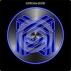 Metal LUXCoin (LUX) coin witn blue neon glow.
