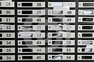 Metal mailboxes with keyholes, numbers and receipts as background