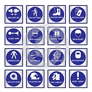 Metal mandatory signs used in industrial applications
