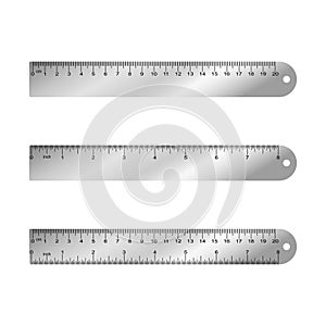 Metal measuring rulers in centimeters, inches, millimeter - aparted and combined. Vector.