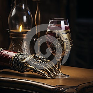 Metal mechanical hand and glass of wine, unusual composition