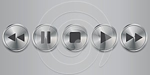 Metal media player buttons. Vector icons of chrome metal buttons