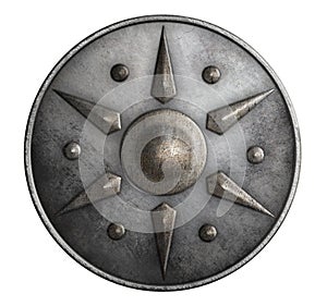 Metal medieval round shield isolated on white 3d illustration