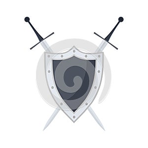 Metal medieval shield and crossed swords icon. Safeguard sign. Security symbol. Safety label