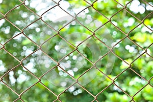 Metal mesh fence with blur green background