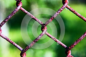 Metal mesh fence with a green blurred background