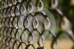 Metal mesh fence on green grass background close-up