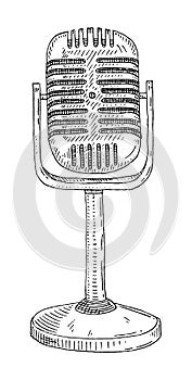 Metal microphone on a stand. Front view. Vintage vector black engraving illustration