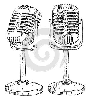 Metal microphone on a stand. Vintage vector black engraving illustration