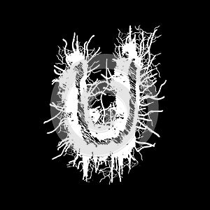 Metal music band`s font.White letter with smudges on black background.