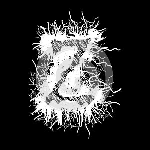 Metal music band`s font.White letter with smudges on black background.