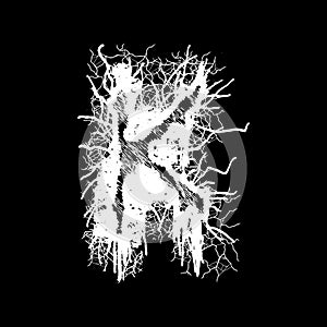 Metal music band`s font.White letter with smudges on black background.